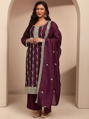 Extra Love By Libas Embroidered Silk Blend Straight Kurta With Trousers and Dupatta-500603-3XL