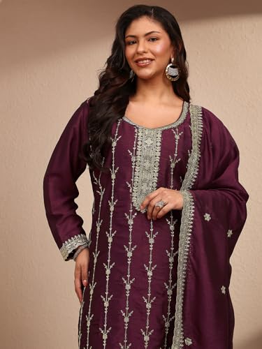 Extra Love By Libas Embroidered Silk Blend Straight Kurta With Trousers and Dupatta-500603-3XL