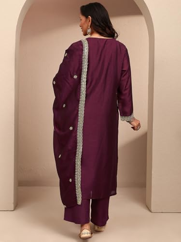 Extra Love By Libas Embroidered Silk Blend Straight Kurta With Trousers and Dupatta-500603-3XL