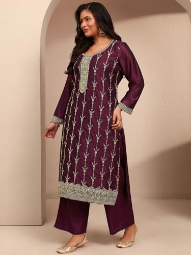 Extra Love By Libas Embroidered Silk Blend Straight Kurta With Trousers and Dupatta-500603-3XL
