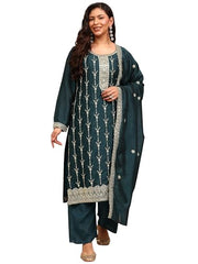 Extra Love By Libas Embroidered Silk Blend Straight Kurta With Trousers and Dupatta-500604-4XL