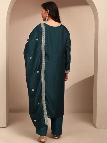 Extra Love By Libas Embroidered Silk Blend Straight Kurta With Trousers and Dupatta-500604-4XL