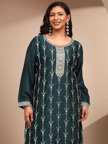 Extra Love By Libas Embroidered Silk Blend Straight Kurta With Trousers and Dupatta-500604-4XL