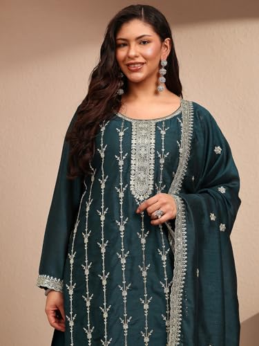 Extra Love By Libas Embroidered Silk Blend Straight Kurta With Trousers and Dupatta-500604-4XL