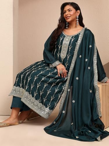 Extra Love By Libas Embroidered Silk Blend Straight Kurta With Trousers and Dupatta-500604-4XL