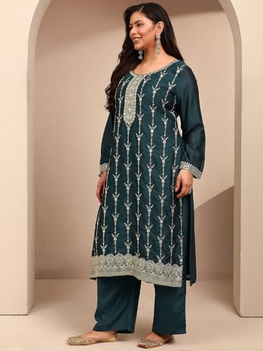 Extra Love By Libas Embroidered Silk Blend Straight Kurta With Trousers and Dupatta-500604-4XL