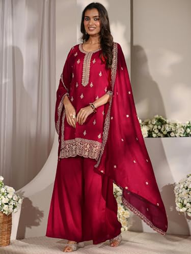 Libas Embroidered Silk Blend Straight Kurta With Palazzo and Dupatta