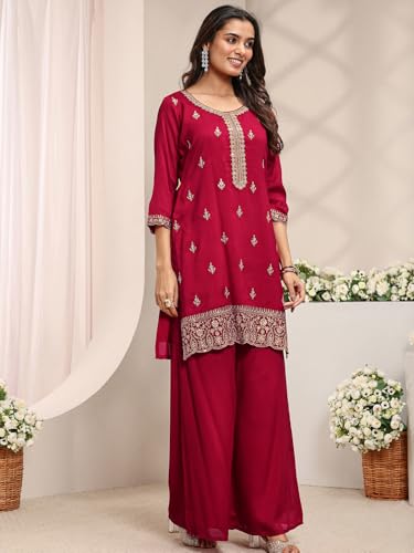 Libas Embroidered Silk Blend Straight Kurta With Palazzo and Dupatta