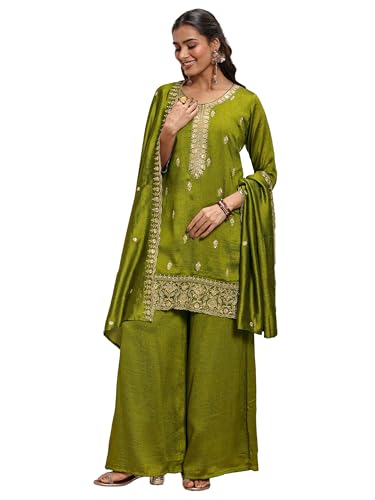 Libas Embroidered Silk Blend Straight Kurta With Palazzo and Dupatta