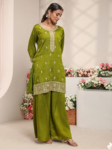 Libas Embroidered Silk Blend Straight Kurta With Palazzo and Dupatta