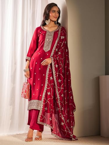 Libas Embroidered Silk Blend Straight Kurta With Trouser and Dupatta