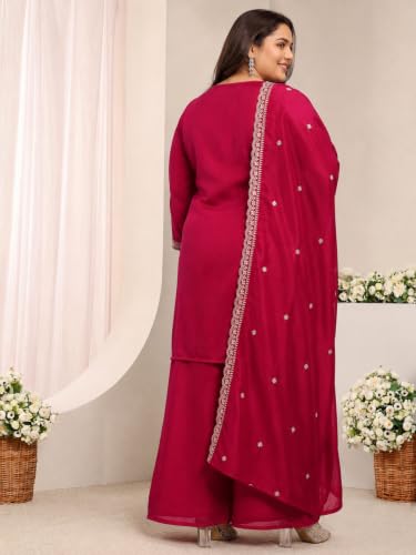 Extra Love By Libas Plus Size Embroidered Silk Blend Straight Kurta With Palazzo and Dupatta
