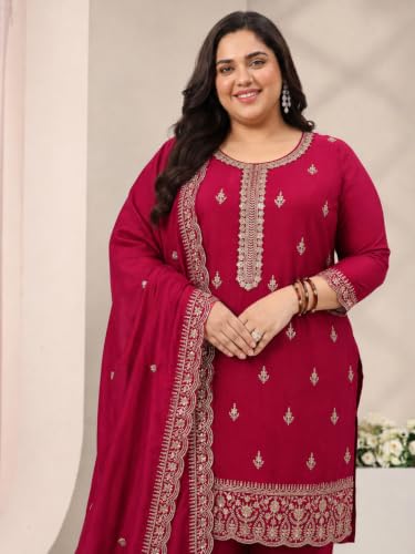 Extra Love By Libas Plus Size Embroidered Silk Blend Straight Kurta With Palazzo and Dupatta