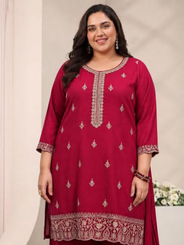 Extra Love By Libas Plus Size Embroidered Silk Blend Straight Kurta With Palazzo and Dupatta