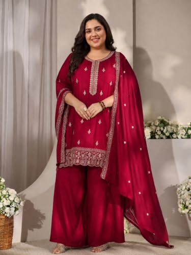 Extra Love By Libas Plus Size Embroidered Silk Blend Straight Kurta With Palazzo and Dupatta