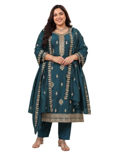 Extra Love By Libas Plus Size Embroidered Silk Blend Straight Kurta With Trousers and Dupatta