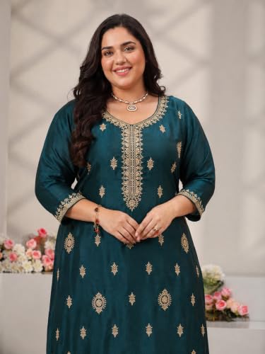 Extra Love By Libas Plus Size Embroidered Silk Blend Straight Kurta With Trousers and Dupatta