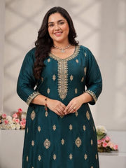 Extra Love By Libas Plus Size Embroidered Silk Blend Straight Kurta With Trousers and Dupatta