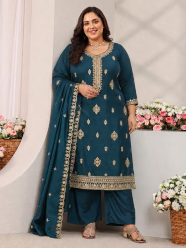 Extra Love By Libas Plus Size Embroidered Silk Blend Straight Kurta With Trousers and Dupatta