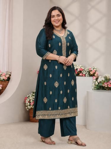 Extra Love By Libas Plus Size Embroidered Silk Blend Straight Kurta With Trousers and Dupatta
