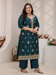 Extra Love By Libas Plus Size Embroidered Silk Blend Straight Kurta With Trousers and Dupatta
