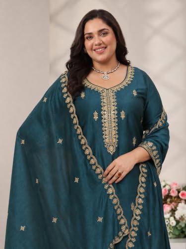 Extra Love By Libas Plus Size Embroidered Silk Blend Straight Kurta With Trousers and Dupatta