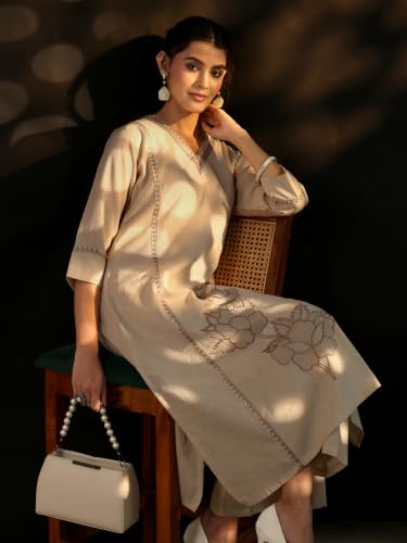 Libas Floral Embroidered Cotton Straight With Palazzo