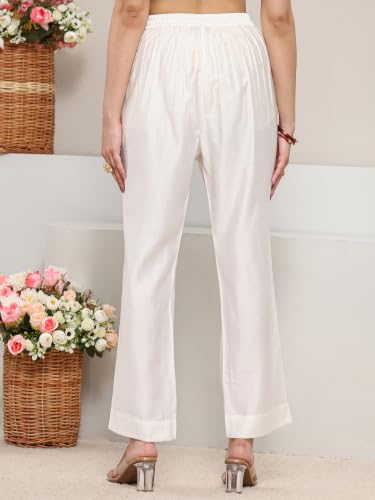 Libas Solid Silk Blend White Trousers