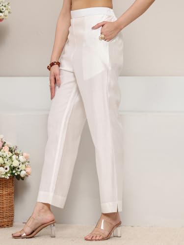 Libas Solid Silk Blend White Trousers
