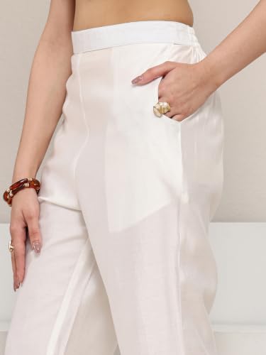 Libas Solid Silk Blend White Trousers