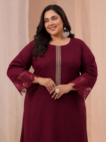 Extra Love By Libas Plus Size Solid Silk Blend Straight Kurta With Trouser