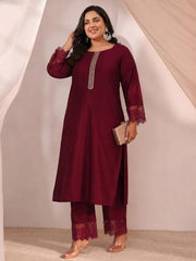 Extra Love By Libas Plus Size Solid Silk Blend Straight Kurta With Trouser