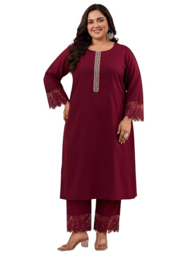 Extra Love By Libas Plus Size Solid Silk Blend Straight Kurta With Trouser