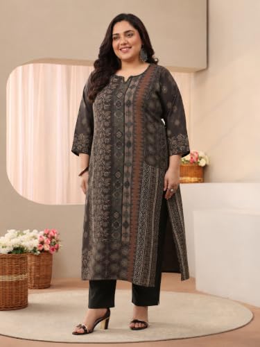 Extra Love By Libas Plus Size Printed Linen Straight Kurta With Trousers and Dupatta
