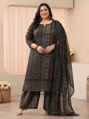 Extra Love By Libas Plus Size Printed Linen Straight Kurta With Trousers and Dupatta