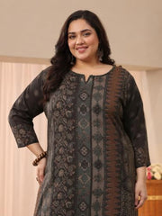 Extra Love By Libas Plus Size Printed Linen Straight Kurta With Trousers and Dupatta