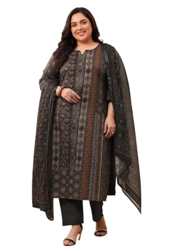 Extra Love By Libas Plus Size Printed Linen Straight Kurta With Trousers and Dupatta