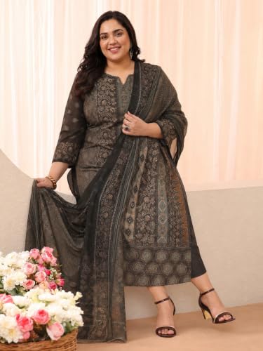 Extra Love By Libas Plus Size Printed Linen Straight Kurta With Trousers and Dupatta