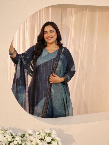 Extra Love By Libas Plus Size Printed Linen Straight Kurta With Trouser and Dupatta