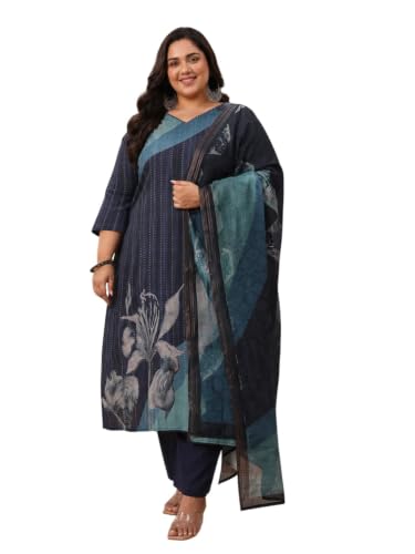 Extra Love By Libas Plus Size Printed Linen Straight Kurta With Trouser and Dupatta