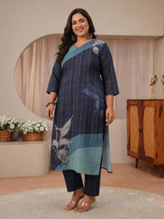 Extra Love By Libas Plus Size Printed Linen Straight Kurta With Trouser and Dupatta