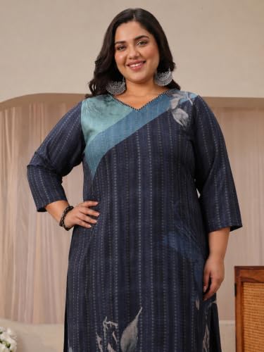 Extra Love By Libas Plus Size Printed Linen Straight Kurta With Trouser and Dupatta