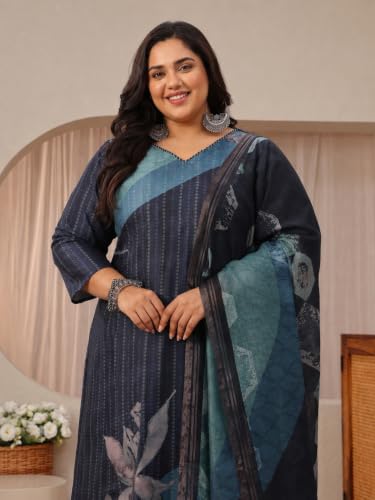 Extra Love By Libas Plus Size Printed Linen Straight Kurta With Trouser and Dupatta