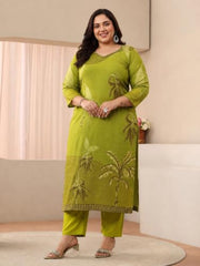 Extra Love By Libas Plus Size Printed Linen Straight Kurta With Trouser and Dupatta