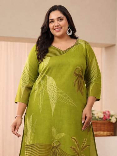 Extra Love By Libas Plus Size Printed Linen Straight Kurta With Trouser and Dupatta