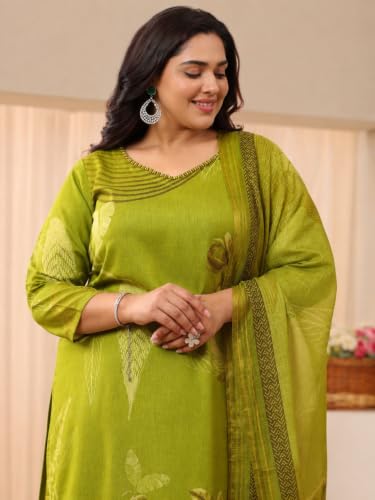 Extra Love By Libas Plus Size Printed Linen Straight Kurta With Trouser and Dupatta