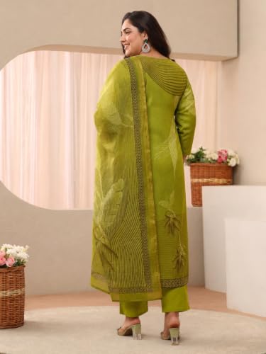 Extra Love By Libas Plus Size Printed Linen Straight Kurta With Trouser and Dupatta