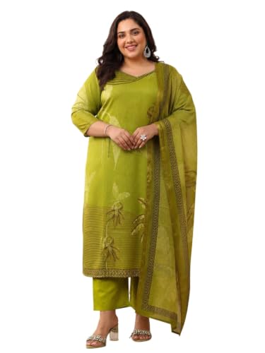 Extra Love By Libas Plus Size Printed Linen Straight Kurta With Trouser and Dupatta