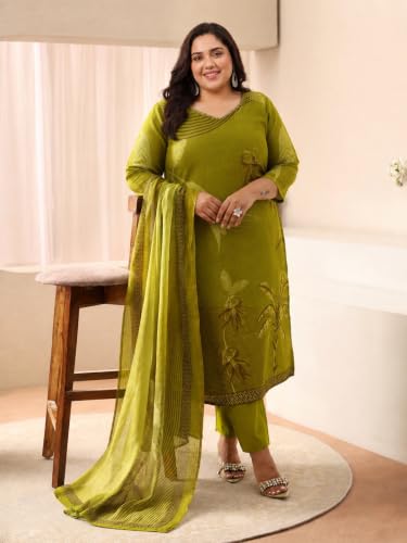 Extra Love By Libas Plus Size Printed Linen Straight Kurta With Trouser and Dupatta