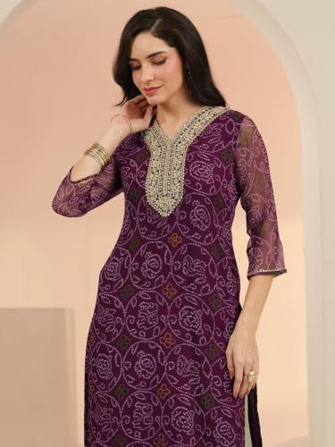Libas Bandhani Inspired Print, Yoke Design Chiffon Straight Kurta Burgundy